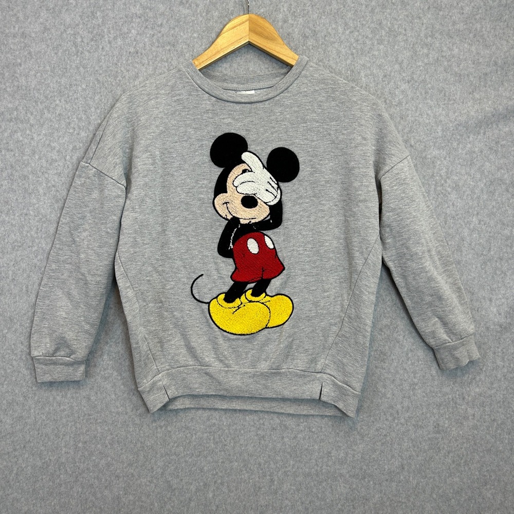 Disney Shy Mickey Mouse Sweatshirt Gray Chenille Cozy Pullover Sweater Womens XS